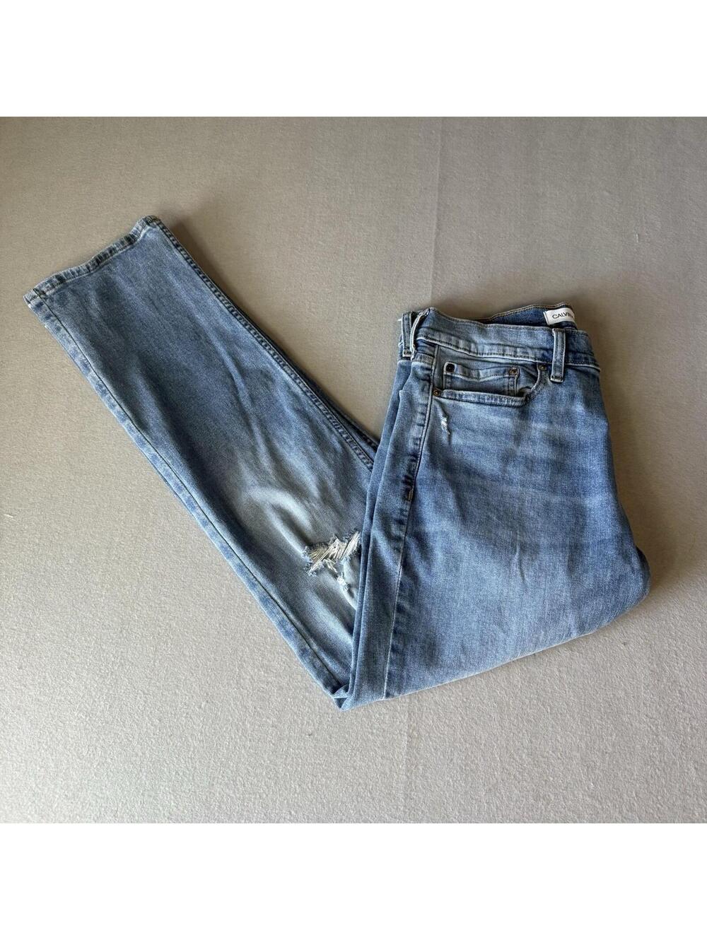 Calvin Klein Jeans Straight Fit Mens 32x32 Blue Medium Wash Distressed Denim